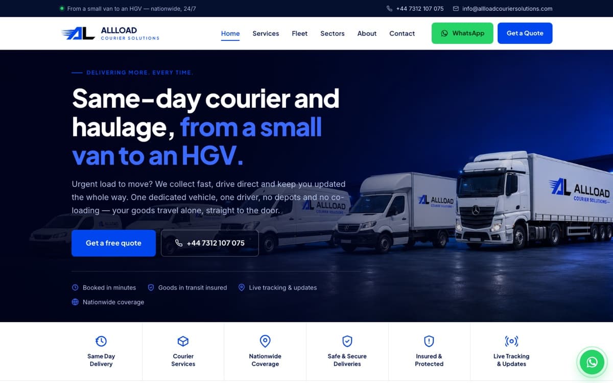 Allload Courier Solutions homepage: same-day courier and haulage, with the fleet from small van to HGV