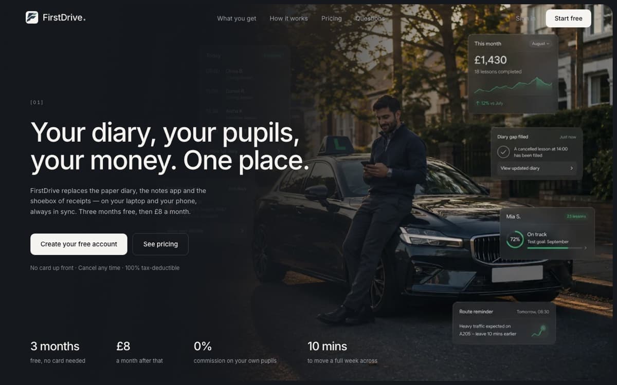 FirstDrive homepage: a driving instructor's diary, earnings and pupil tracking