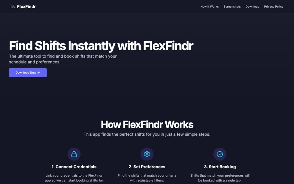 FlexFindr homepage: shift-finding app with its three-step explainer