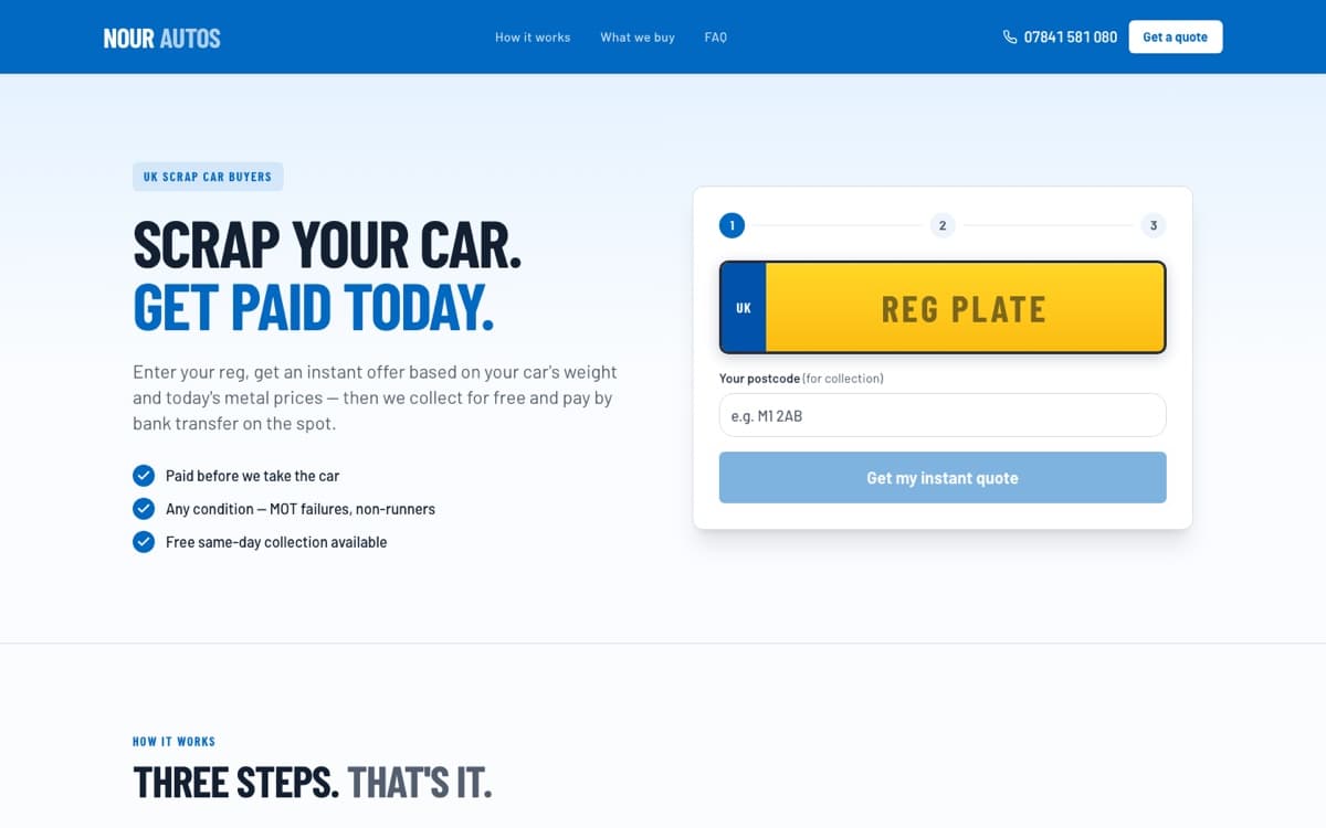 Nour Autos homepage: enter a registration and get an instant scrap offer priced on the car's weight