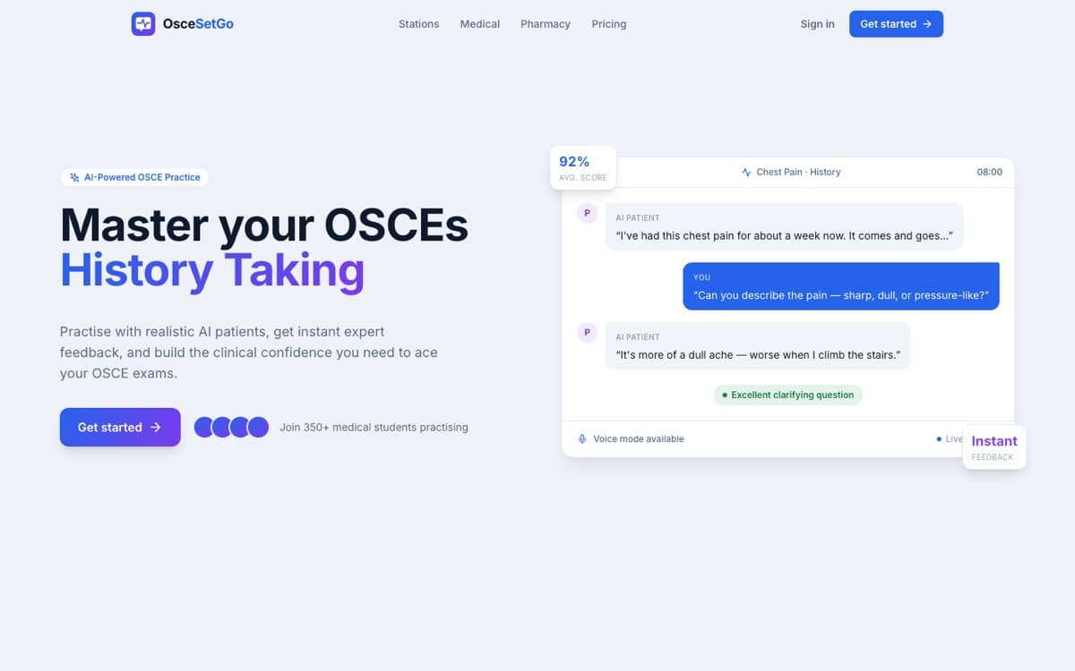 OsceSetGo homepage: an AI patient consultation in progress, with live scoring